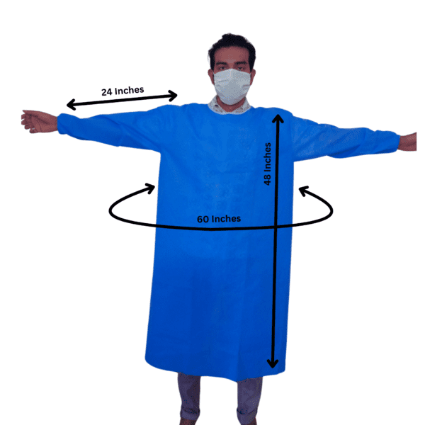 Non-woven disposable surgical gown with measurements for doctors and surgeons in Pakistan.