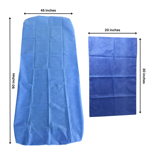 Detailed measurements of non-woven disposable hospital bedsheet and pillow cover with graphical arrows.