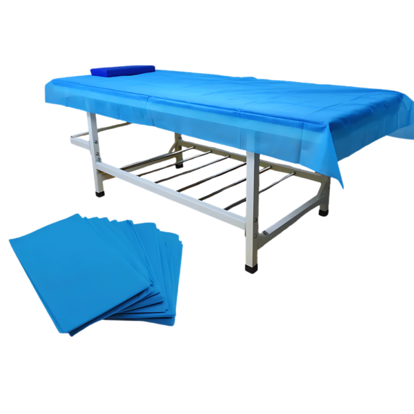 40 GSM blue non-woven disposable medical couch sheet on a massage table with a stack of sheets