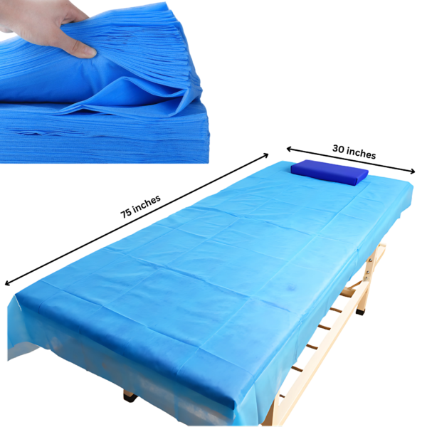 40 GSM blue non-woven disposable medical couch sheet with measurements and stack of sheets.