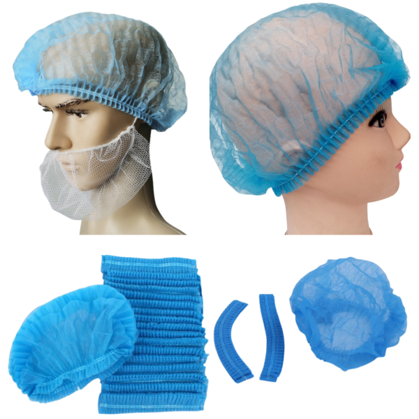 Blue non-woven disposable bouffant cap for medical and salon use – dummy demo, packaging, and stack