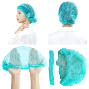 Green non-woven disposable cap for hospitals, salons, and restaurants – worn, packed, and handheld views.