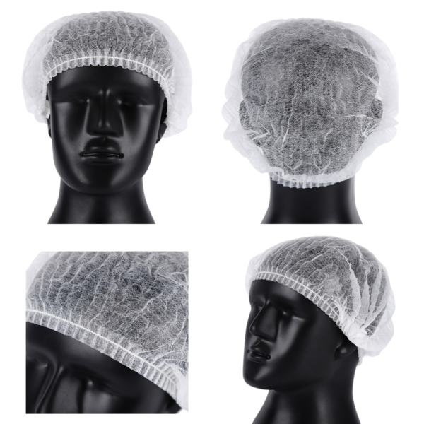 White non-woven disposable hair net and anti-dust cap on dummy head with fabric close-up.