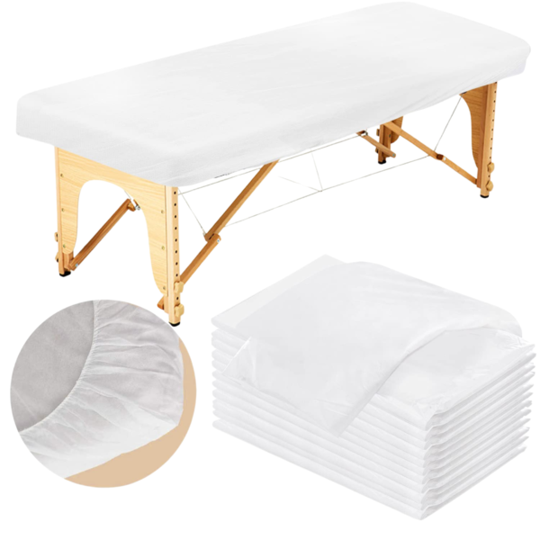 White non-woven disposable fitted couch sheet with elastic corners on examination couch and stack of sheets.